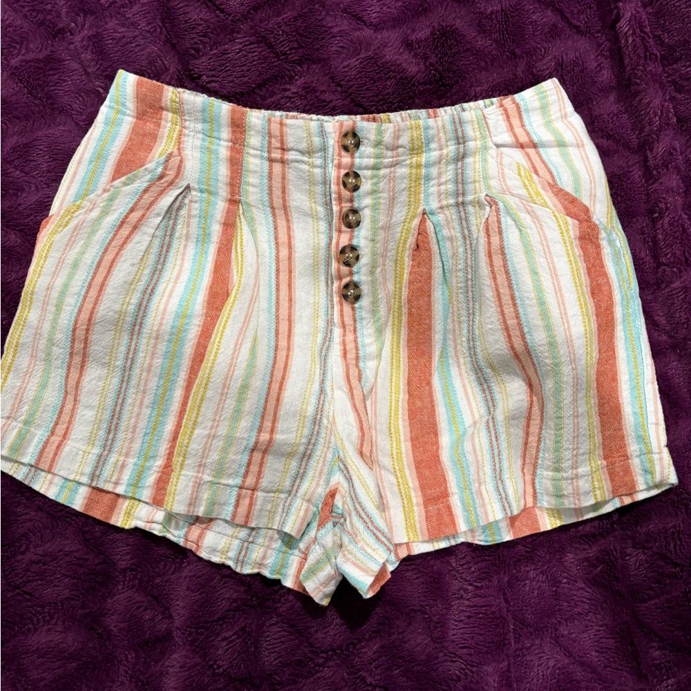 Indigo Rein Striped Linen Blend Button Up Shorts, Sz M